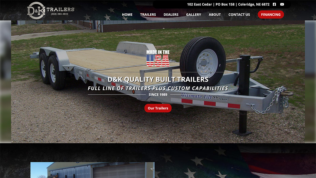 An image of the D & K Trailers website designed by Hollman Media